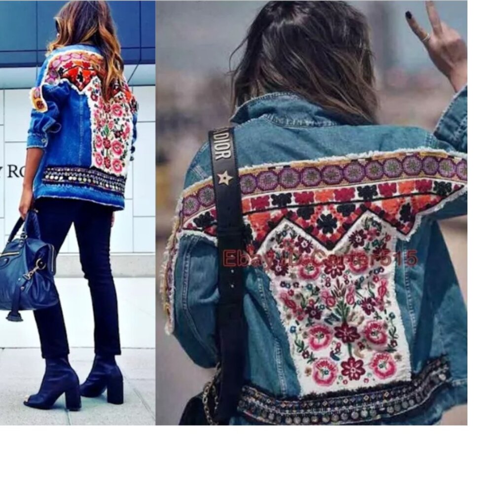 Zara Oversized Boho Floral Back Embroidered Denim Jacket